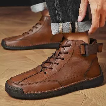 Foreign trade live broadcast hot-selling large-size men s shoes hand-sewn sole lace-up men s genuine leather Martin boots 38 чёрный