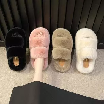 Foreign trade muffin thick-bottomed parallel bars hairy slippers women s 7com wear new large-size home confinement open-toed cotton slippers 35 чёрный