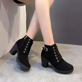 Foreign trade new high-heeled single boots British style women s shoes 2024 autumn thick heel round head lace-up and bare boots knight boots 35 чёрный