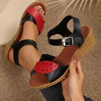 Foreign trade new large size buckle middle-aged and elderly platform sandals women s middle heel hollow leaf slope heel beach sandals 36