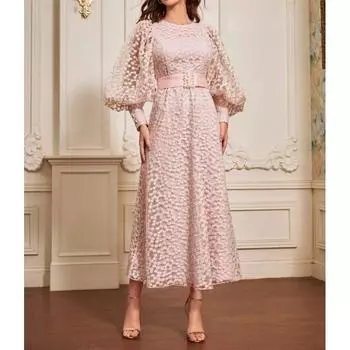 Foreign Trade Order European and American Lantern Sleeve Spring New Fashion Lady Pink Heavy Industry Embroidery Elegant Dress With Belt Light pink XL