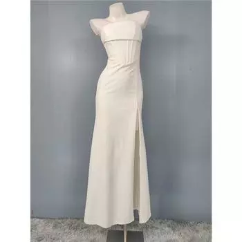 Foreign Trade Order Lu s Wrap-around Temperament Pleat Fishbone Body Shaping Waist Hugging Slimming Split Sheath White Party dress White S