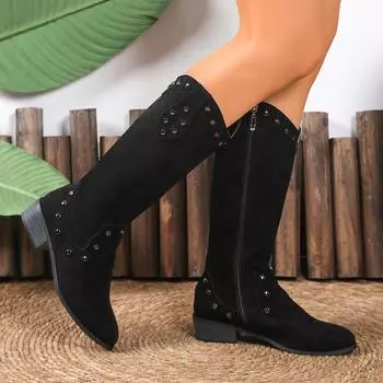 Foreign trade retro round head rivet tall boots 43 large size suede side zipper thick heel fashion knight boots 36