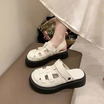 Foreign trade round head hollow one-word drag 2024 summer new rubber thick-soled bag head hole shoes women wear outside 35 чёрный