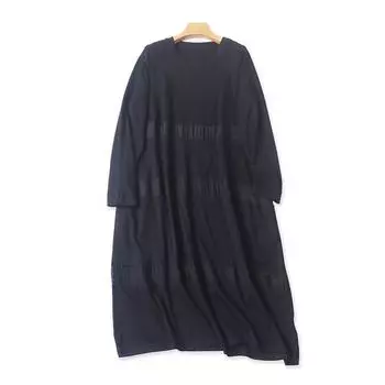 Foreign Trade round Neck Long sleeve dress Summer New Solid Patchwork Long Slimming Women clothes Loose Skirts 07482 Black L