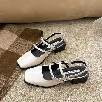 Foreign trade single shoes 2025 spring new retro small leather shoes square head double breasted belt Mary Jane thick heel sandals women 35