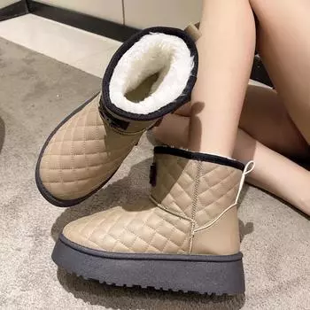 Foreign trade snow boots women s thick-soled 2024 winter new round head flat-bottomed short boots velvet thermal cotton boots 36 чёрный