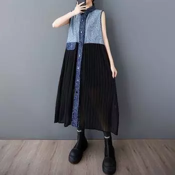 Foreign Trade Summer Clothing New European and American Craft Denim Stitching Pleated Skirt Fashion Loose Sleeveless All-Matching Vest Dress Blue Tank Dress All yards