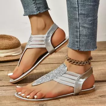 Foreign trade summer new flat sandals European and American large size with diamond sandals toe sandals women s shoes 36 серебряный