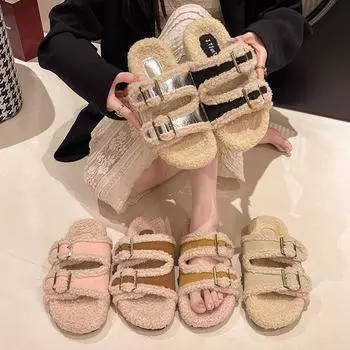 Foreign trade thick-bottomed open-toed fluffy slippers large size 2024 autumn and winter new belt buckle one-word mop outer wear velvet cotton mop 35