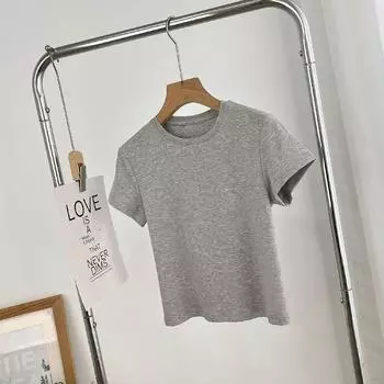 Foreign Trade Women s Clothing 2024 Summer New Arrival American Style Sexy Pure Color O-neck Short Women s Top Grey L