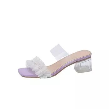 Foreign trade women s PVC lace pearl square head crystal heel thick heel cool slippers 40-43 large size fashion sandals 35 белый