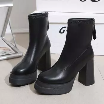 Foreign trade women s short boots patent leather double waterproof platform thick heel high heel side zipper fashion boots medium boots black 35