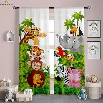 Forest Animal Cartoon Printed Curtains Polyester Fiber Curtains Children s Room Living Room Study Dormitory Decorative Curtains W50xH130(CM)x2PCS&Grommet Top
