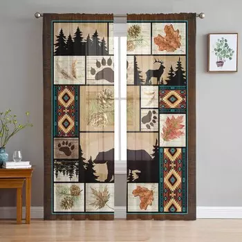Лесной медведь олень кленовый лист сосна богемный винтажный прозрачные шторы для детей гостиная вуаль оконные шторы тюль драпировки W135 x H114cm