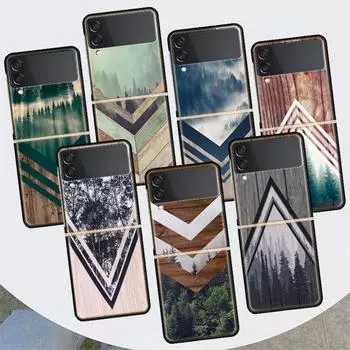 Forest Geometry Wood Nature For Samsung Galaxy Z Flip 4 3 5G Phone Case Black Hard Cover ZFlip 4 3 Luxury Shockproof Bumper Coqu Samsung Z Flip 3