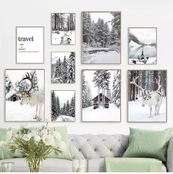 Forest Reindeer Cedar Winter Snow Forest Wall Art Canvas Painting Scandinavian Posters and Wall Living Room Home Decor Pictures 21X30cm No Frame