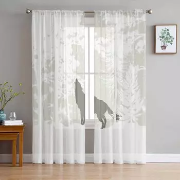 Forest Snow Scenery Wolf Natural White Sheer Curtains for Living Room Decoration Window Curtains Kitchen Tulle Voile Curtains W135 x H115cm x1