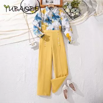 Формальная одежда для девочек 7, 8, 9, 10, 11, 12 лет, весенне-осенняя одежда, новые комплекты рубашек и брюк с длинными рукавами с принтом в стиле ретро 10Y жёлтый