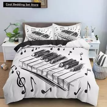 Фортепианная музыка King Queen Пододеяльник Музыкальные ноты Комплект постельного белья для детей подростков девочек Черно-белые клавиши пианино 2/3 шт Пододеяльник EU single(135x200cm)
