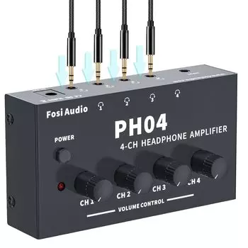 Fosi Audio PH04 4-канальный усилитель для наушников, стереоусилитель звука, металлический, сверхкомпактный, портативный, разветвитель для наушников, гнездовой, AUX, черный