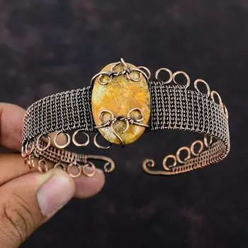 Fossil Coral Cuff Bracelet Copper Wire Wrapped Gemstone Bangle Adjustable Bracelet Copper Jewelry Gift For Mom Handmade Fossil Coral Jewelry