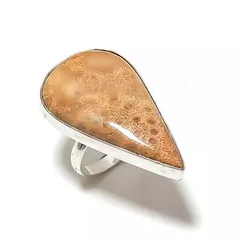 Fossil Coral Gemstone Handmade 925 Sterling Silver Jewelry Ring Size 8 o5z13