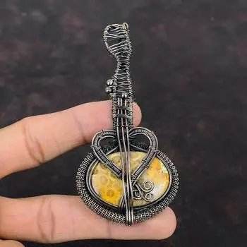 Fossil Coral Pendant Copper Wire Wrapped Gemstone Pendant Guitar Pendant Gift For Her Handmade Copper Wire Jewelry Music Instrument Jewelry