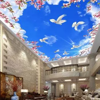 Фото обои потолок 3D голубое небо белые облака цветочные ветки белые голуби большая настенная живопись украшение гостиной 200 cm(W) x 140 cm(H)
