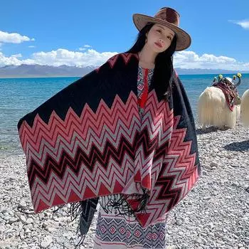 Фото Вязаная шаль Цветная полосатая бахрома Кондиционер Накидка Женская Туристическая Сплит Плащ Партия 130*150CM красный