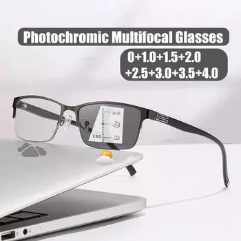 Фоточувствительные цветные мультифокальные очки для чтения Мужские полуоправы Очки с защитой от синего света Классические очки для пресбиопии 0