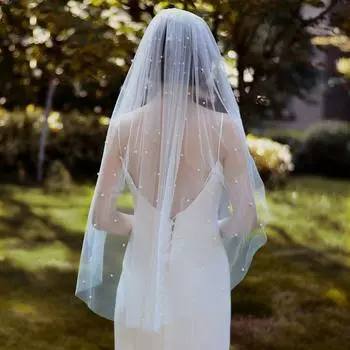 Фотография Украшения Сетка Тюль Жемчуг Женщины Свадебные Вуали Свадебные Аксессуары Невеста Свадебные Вуали 150cm