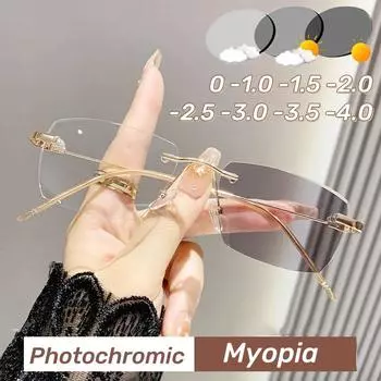 Фотохромные деловые мужские очки для близорукости без оправы, модные очки с защитой от синего света, с обрезанными краями, меняющие цвет очки 0