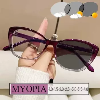 Фотохромные очки для близорукости «кошачий глаз» для женщин, защитные от ультрафиолета, очки для близорукости, изменяющие цвет, диоптрии до -4,0 -1.0 чёрный