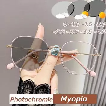 Фотохромные очки для близорукости в квадратной металлической оправе, большая оправа, очки с защитой от синего света, меняющие цвет, ультралегкие очки для близорукости -4