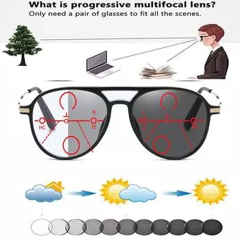 Фотохромные прогрессивные мультифокальные солнцезащитные очки для чтения с двойным мостиком-пилотом. Удобные очки для чтения от +0,75 до +4. Видеть вблизи и вдаль. +0.75 чёрный