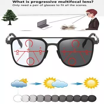 Фотохромные прогрессивные мультифокальные солнцезащитные очки для чтения Ретро-прямоугольные удобные очки для чтения от +0,75 до +4 См. Близко и Fa +0.75 чёрный