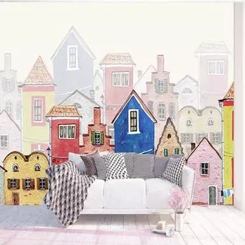 Фотообои, 3D нарисованные вручную красочные мультяшные домики для мальчиков и девочек, детская комната, фреска с героями мультфильмов, Papel De Parede Infantil Decor 300cm (W) x 200cm (H)