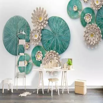 Фотообои 3D Рельефный фон с изображением листьев лотоса Настенная роспись Гостиная Телевизор Диван Спальня Домашний декор 200 cm(W) x 140 cm(H)