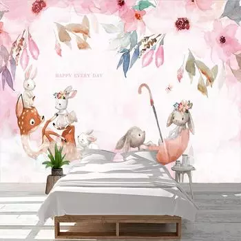 Фотообои 3D Ручная роспись Облако Мечты Мультфильм Кролик Розовый Цветок Детская Комната Спальня Фреска Креативный Papel De Parede 3 D Настенное Покрытие 300cm (W) x 200cm (H)