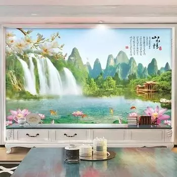 Фотообои 3D стерео Водопад Озеро Лотос Пейзаж Фреска Гостиная Телевизор Диван Спальня Домашний декор 200 cm(W) x 140 cm(H)