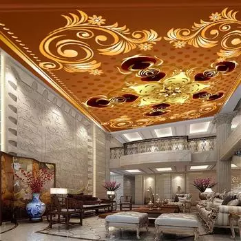 Фотообои Европейский стиль Роскошь 3D Золотые цветы Потолок Фон Настенная роспись Гостиная Спальня Обои 200 cm(W) x 140 cm(H)