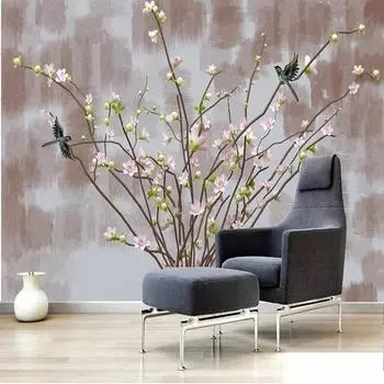 Фотообои Китайская ручная роспись Розовые цветы Фрески Гостиная Телевизор Диван Фон Настенная живопись 3D Декор Фреска 200 cm(W) x 140 cm(H)