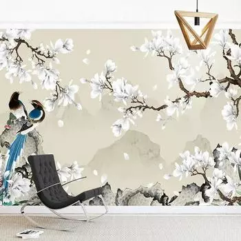 Фотообои Магнолия Цветы И Птицы Фреска Гостиная Телевизор Диван Кабинет Обои Домашний Декор 200 cm(W) x 140 cm(H)