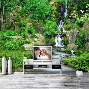 Фотообои Водопад Лес Природа Пейзаж Фреска Гостиная Телевизор Диван Домашний Декор 3D Настенная Роспись 200 cm(W) x 140 cm(H)