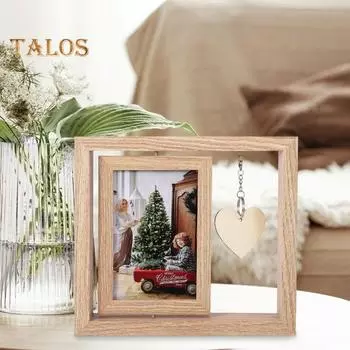 Фоторамка Двусторонняя вращающаяся плавающая деревянная фоторамка с выгравированным сердечком в подарок для папы