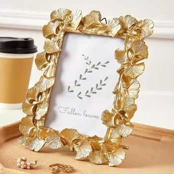 Фоторамка из смолы - дизайн с золотыми листьями гинкго, настольный декор 4R/6 , элегантная витрина для гостиной, креативная домашняя обстановка 4R6inch