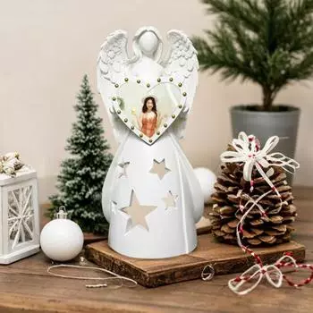 Фоторамка в виде ангела, настольная фигурка ангела, держатель для фотографий, подсвечник в виде ангела с электронной свечой, памятный подарок на потерю матери, отца, тяжелую утрату белый