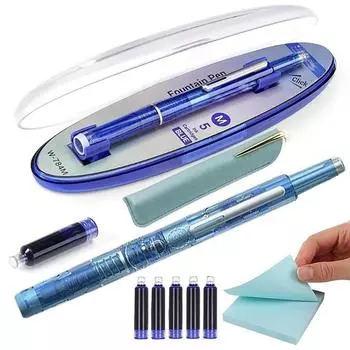 Fountain Pen Retractable 0.38Mmink Medium Nib Transparent Barrel For Calligraphy Includes 5 Refillable Ink Cartridges 1 Pen Case