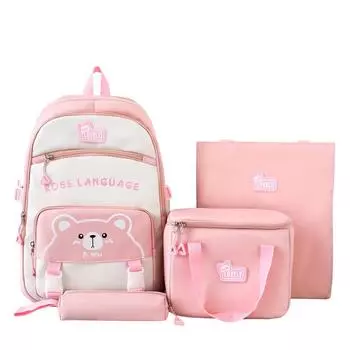 Four-Piece Backpack Set Cartoon Student Schoolbag Color Contrast Backpack Lightweight Girl s Large Capacity Backpack розовый